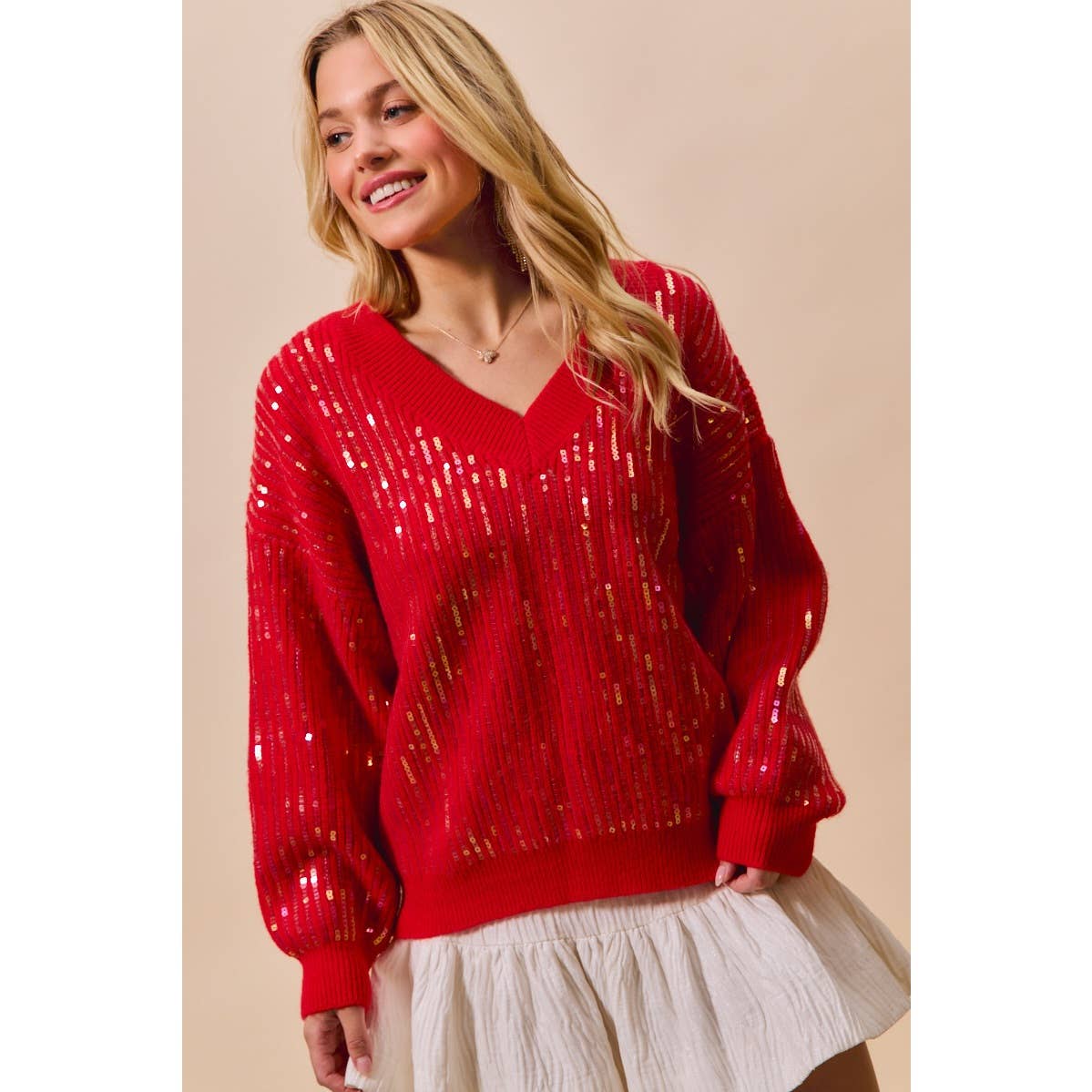 Red Sequins V Neck Sweater