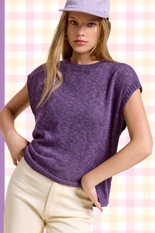 Loose Fit Sleeveless Ribbed Knit Mock Crew Neck Top: Taro