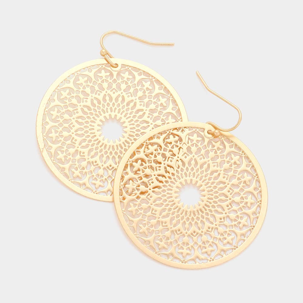 Filigree Brass Metal Round Dangle Earrings: Rhodium