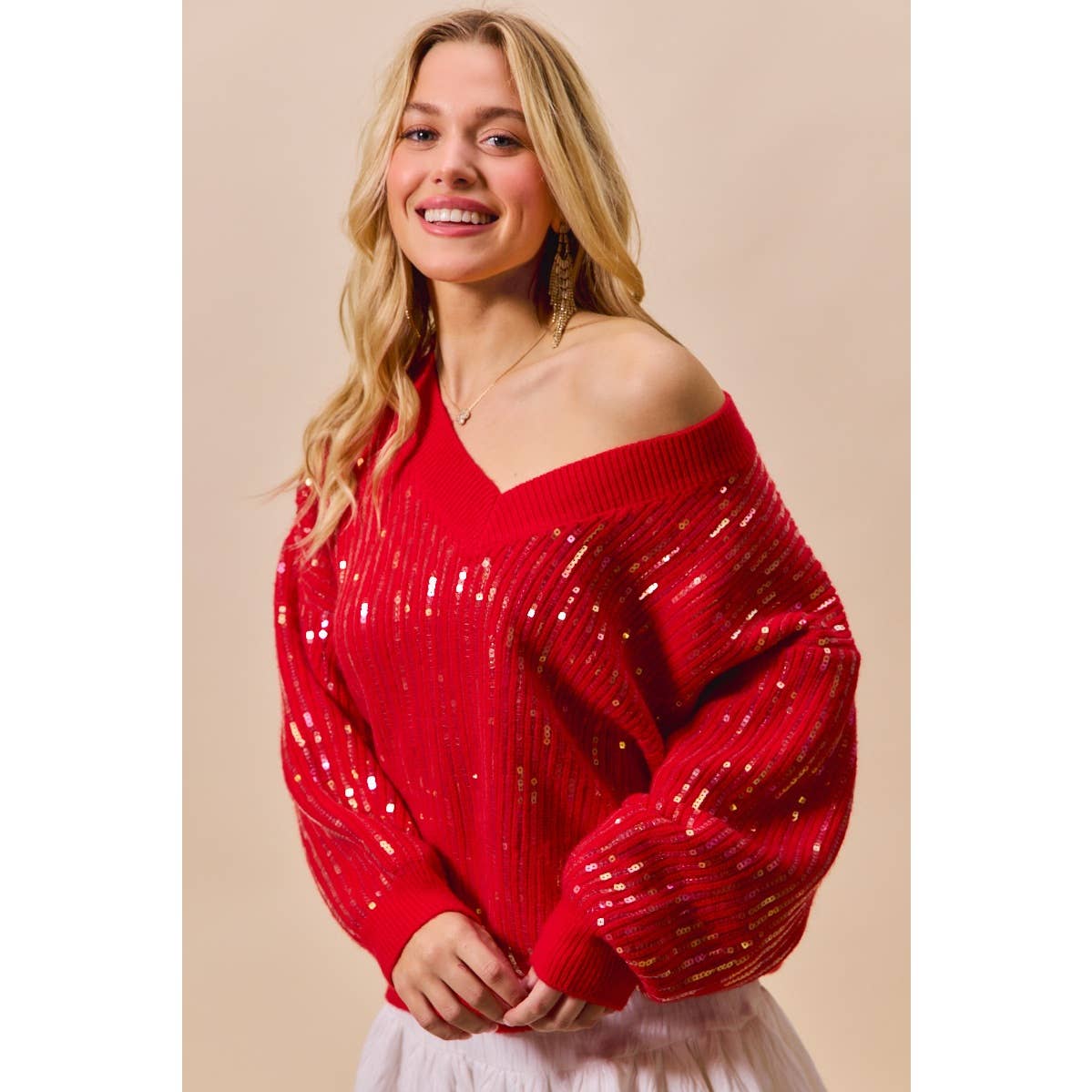 Red Sequins V Neck Sweater
