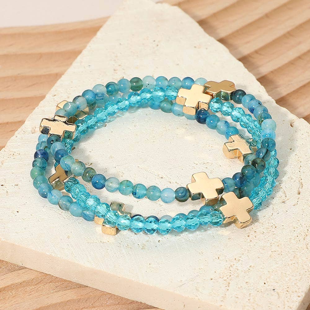 3PCS - Cross Charm Beaded Stretch Multi Layered Bracelets: Blue,Gold