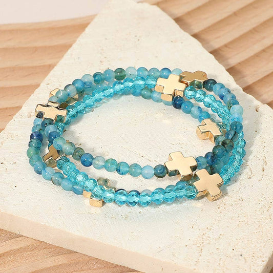 Blue & Gold Cross Charm Beaded Stretch Multi Layered Bracelets