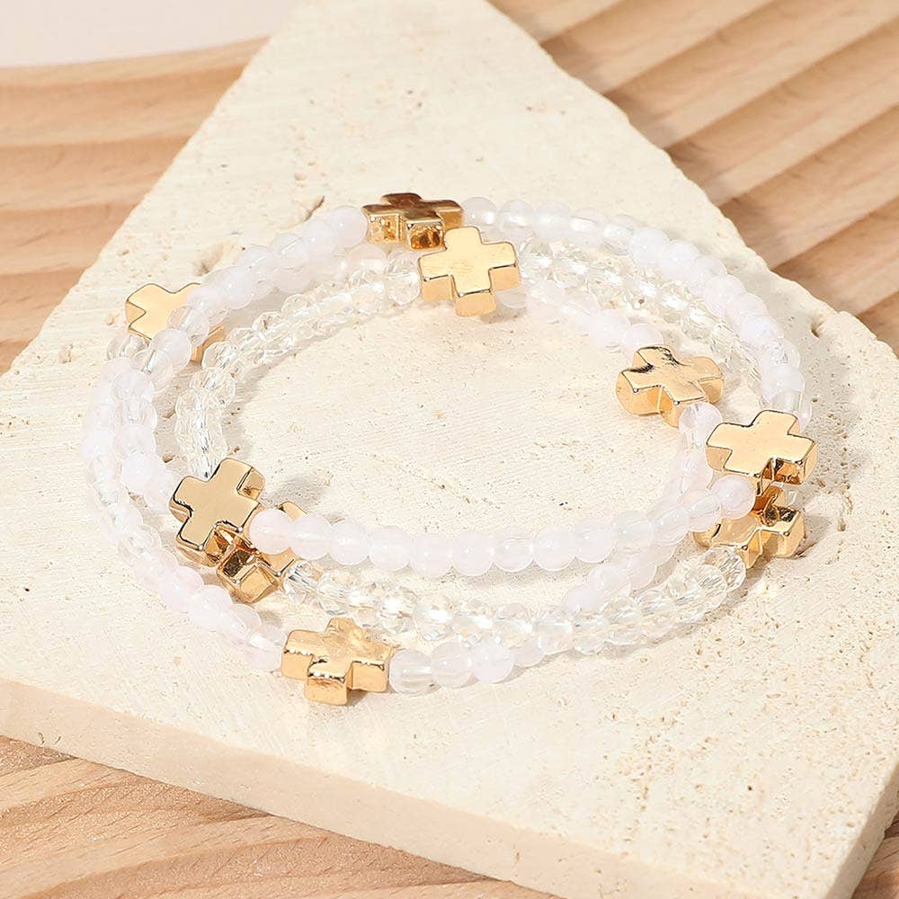 3PCS - Cross Charm Beaded Stretch Multi Layered Bracelets: Gold,Mint