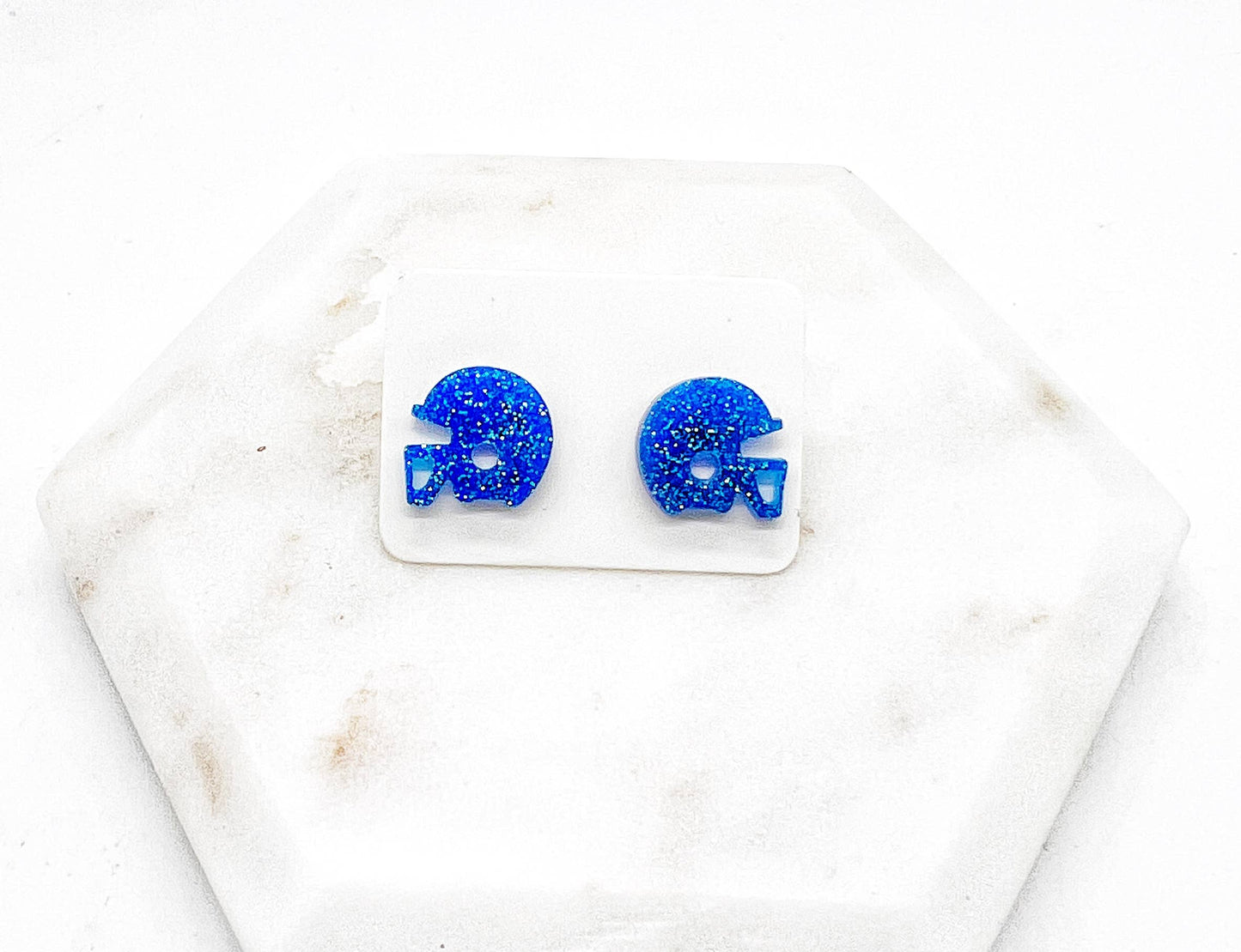 Blue Glitter Acrylic Football Helmet Earrings