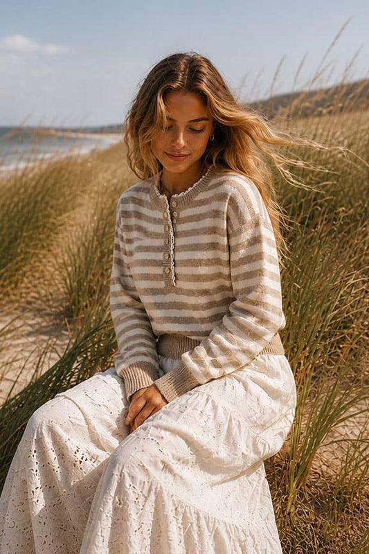 Sweet Stripe Henley Knit Sweater: Burgundy / S