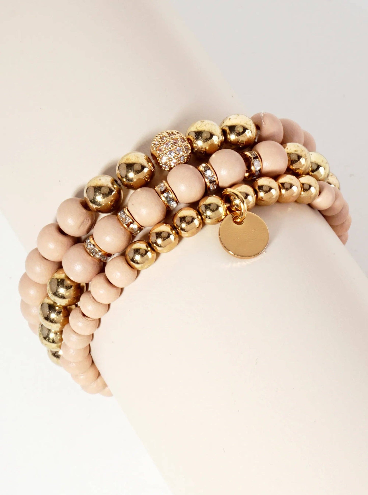 Wood and Metallic Beads Stackable Stretch Bracelets: Beige