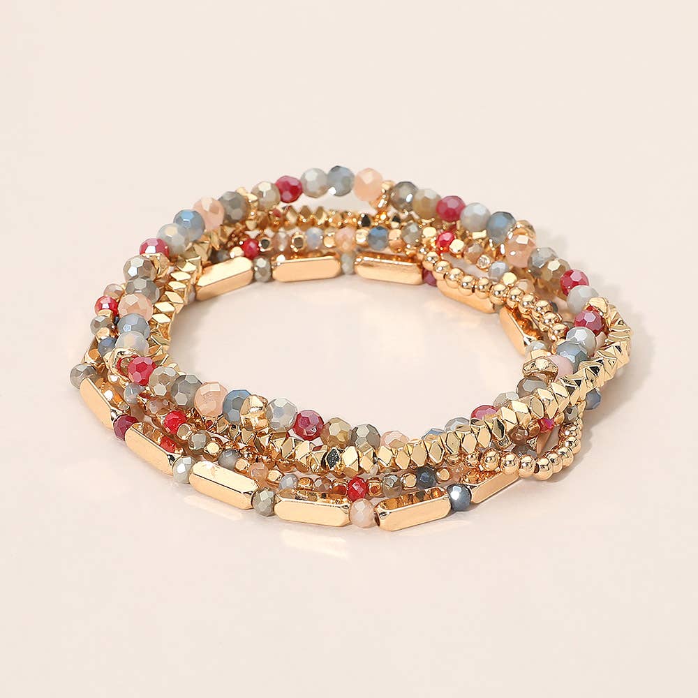 5PCS - Faceted Beaded Stretch Multi Layered Bracelets: Brown