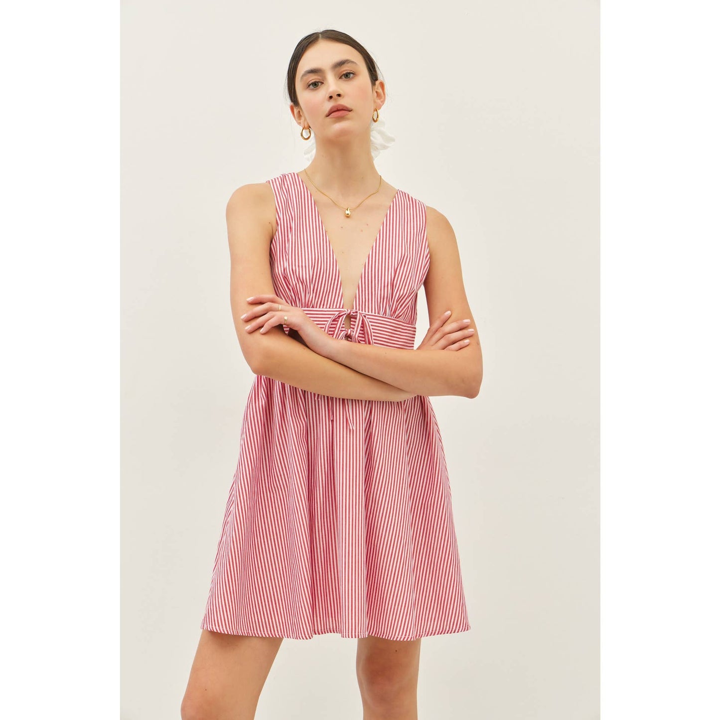 Red & White Summer Plunge Neck Stripe Mini Dress