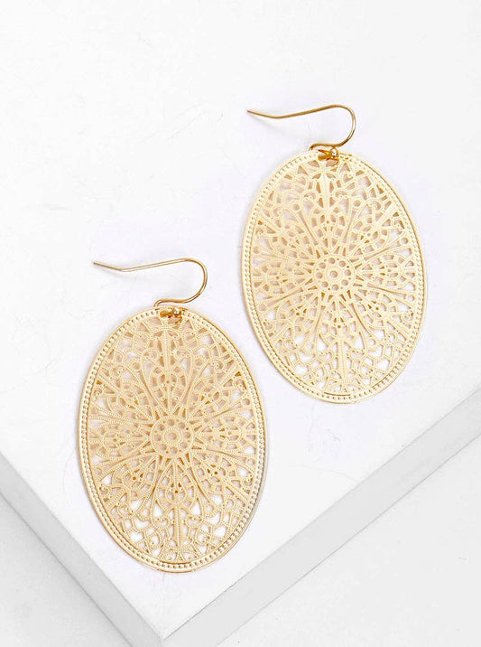 Gold Metal Oval Filigree Dangle Earrings
