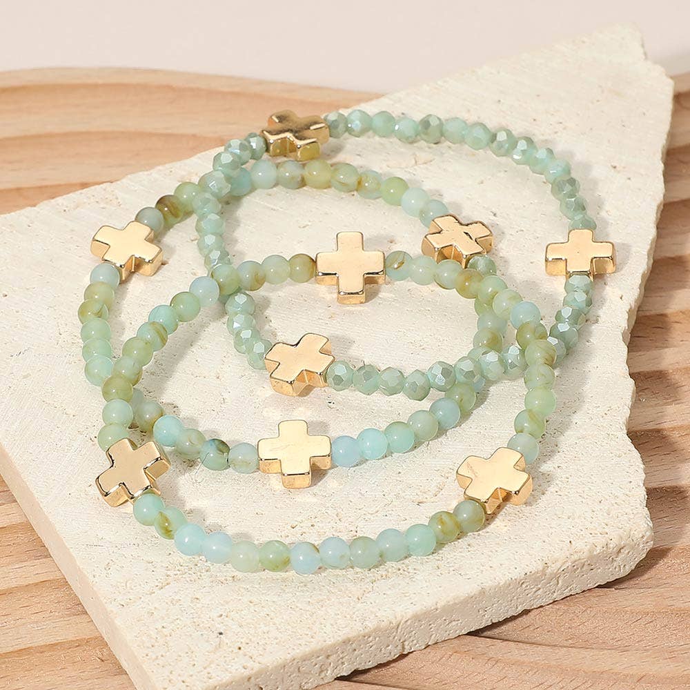 3PCS - Cross Charm Beaded Stretch Multi Layered Bracelets: Blue,Gold