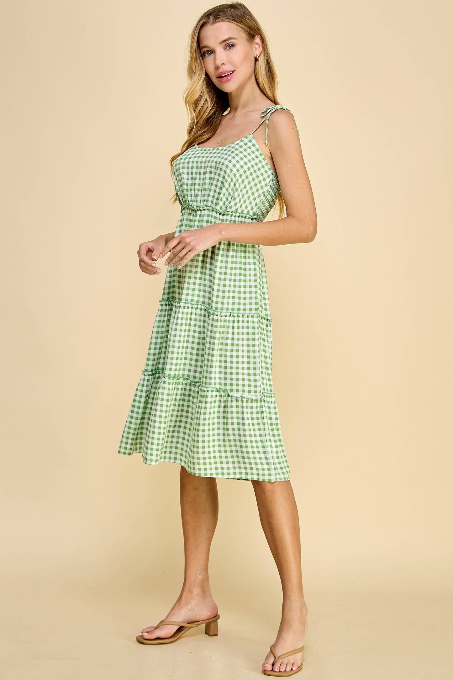 Green Gingham Tie Shoulder Midi Tiered Dress