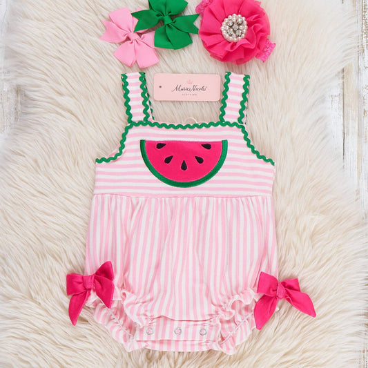 Watermelon Days Striped Embroidery Ruffle Bubble Romper