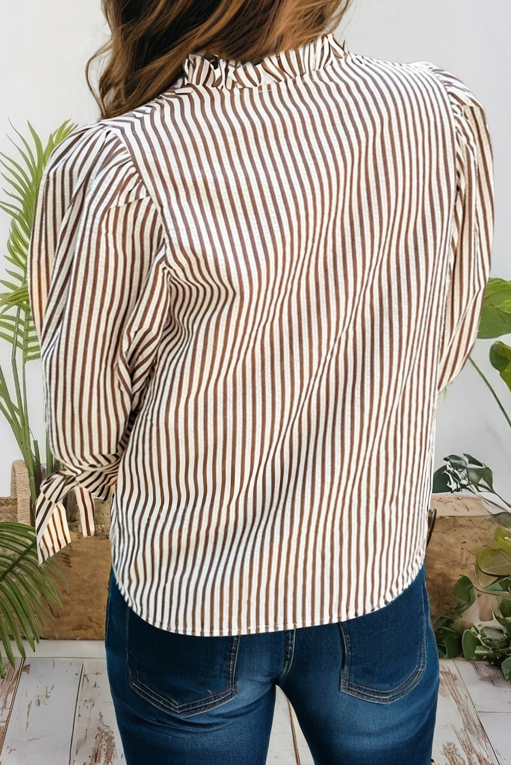 Beige Striped Frill V Neck Knot Bracelet Sleeve Blouse