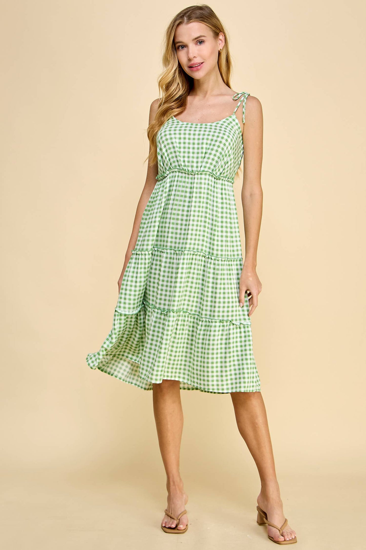 Green Gingham Tie Shoulder Midi Tiered Dress