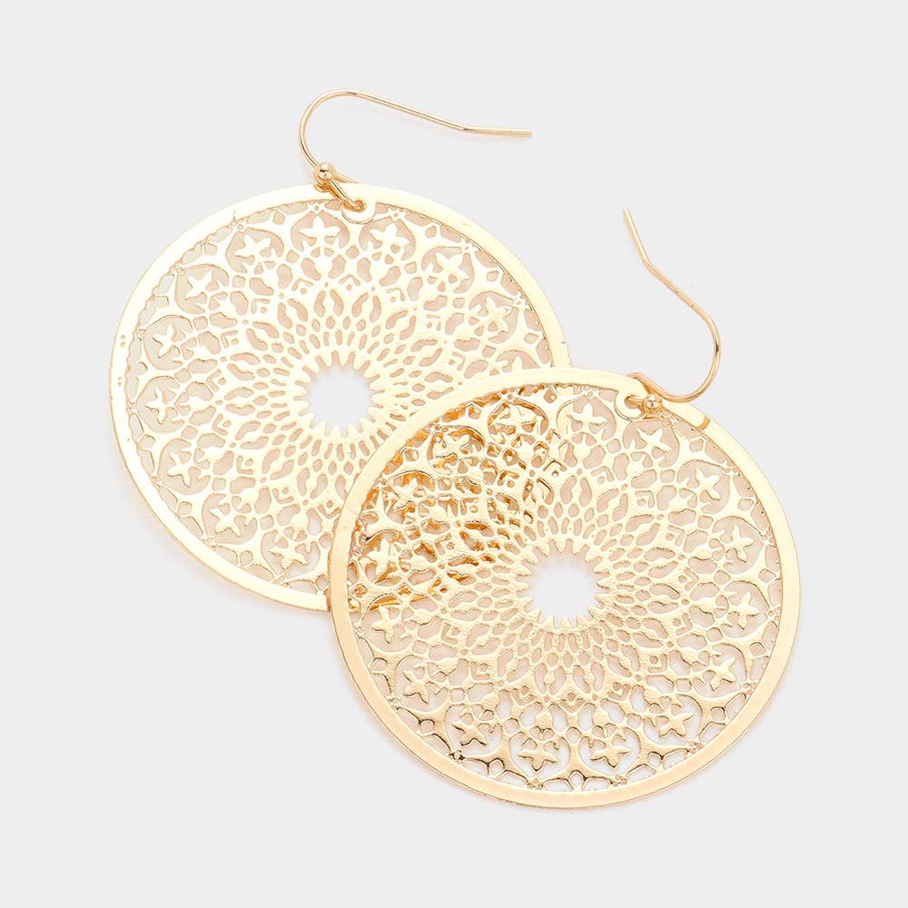 Filigree Brass Metal Round Dangle Earrings: Rhodium