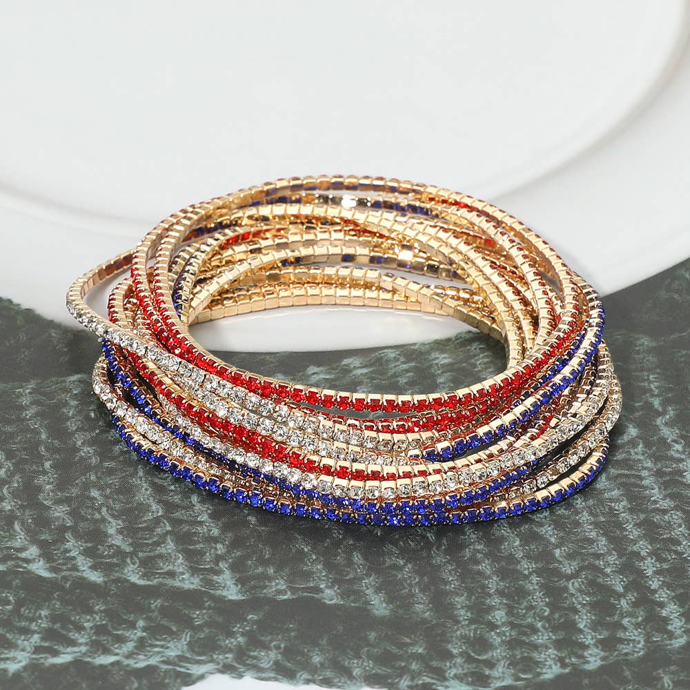 12PCS - American USA Rhinestone Stretch Multi Layered Bracelets