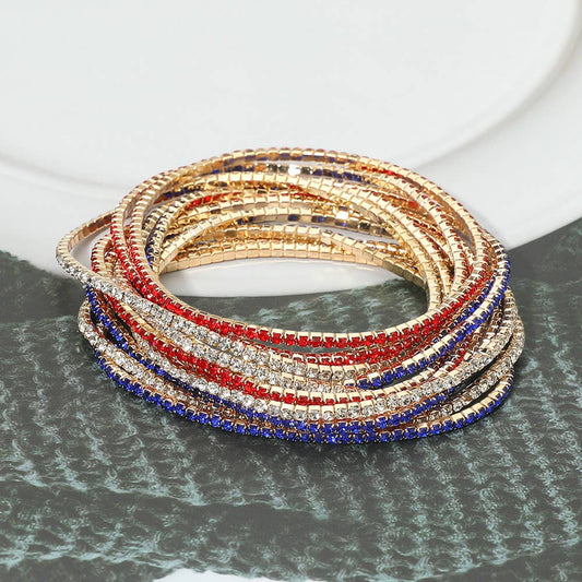 American USA Rhinestone Stretch Multi Layered Bracelet Set