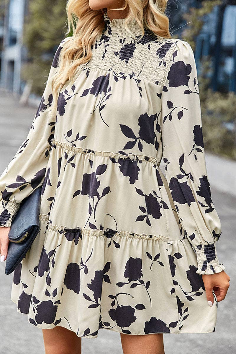 Floral Print Mock Neck Long Sleeve Dress