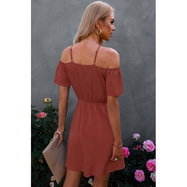 Rust Cross Straps Off Shoulder Dress