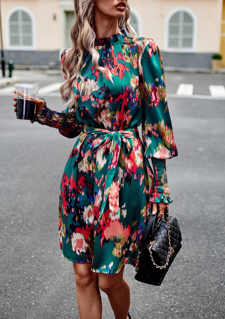 Green Floral Print Ruffle Dress