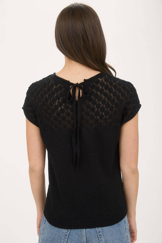 Black Eyelet Yoke Short Sleeve Sweater