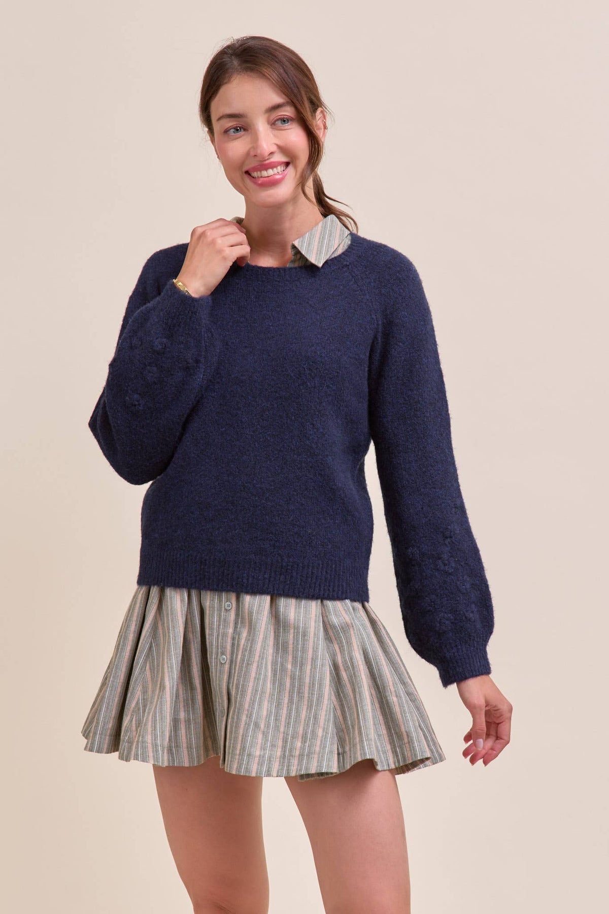 &Merci Navy Floral Accent Knit Puff Sleeve Sweater