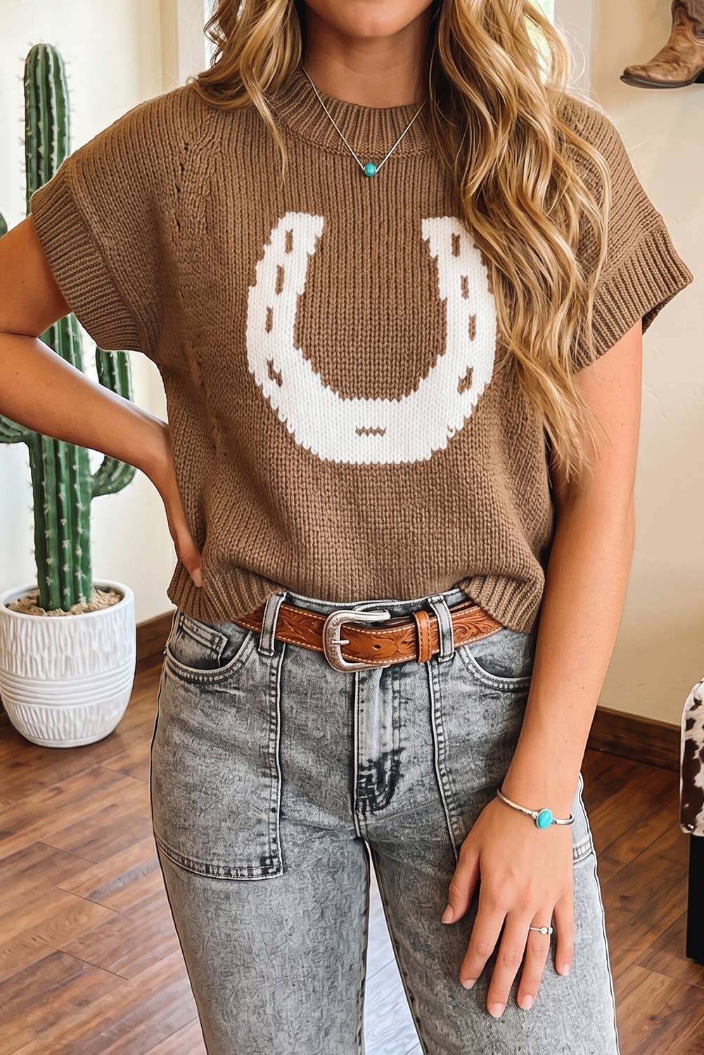 Western Horseshoe Round Neck Short Sleeve Hair Knit Top