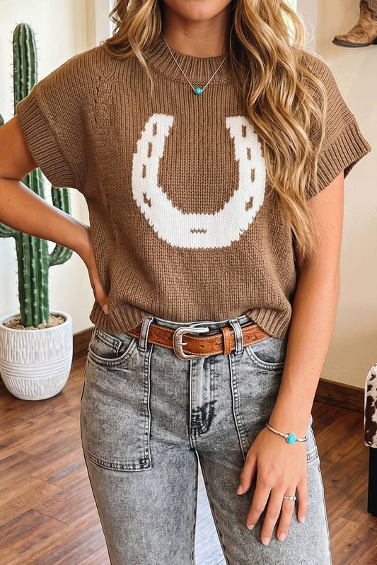 Western Horseshoe Round Neck Short Sleeve Hair Knit Top