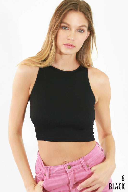 Nikibiki Ribbed Highneck Crop Top:  Black