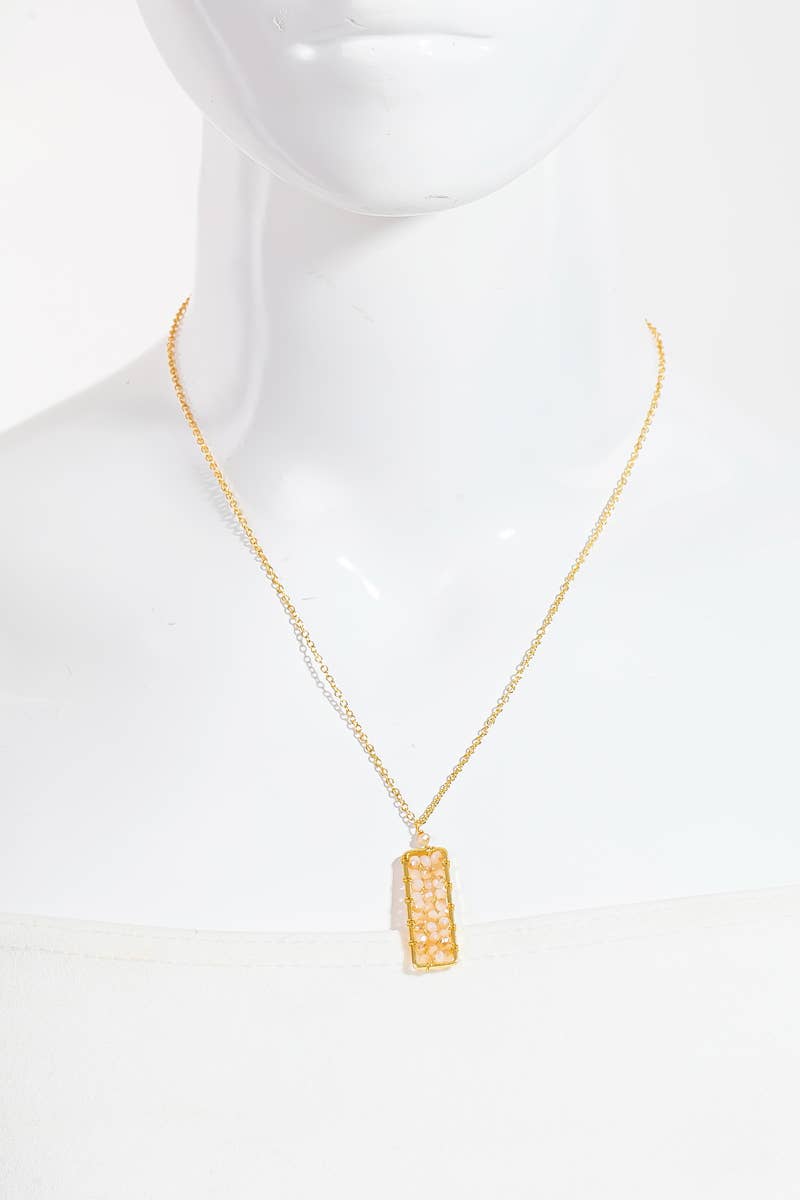 Gold Beaded Rectangle Pendant Necklace