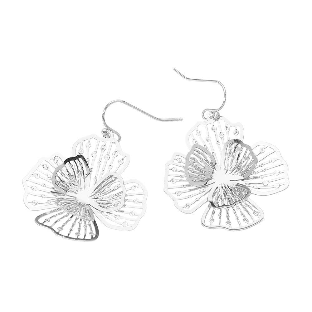 Brass Metal Cutout Bloom Petal Dangle Earrings: Rhodium