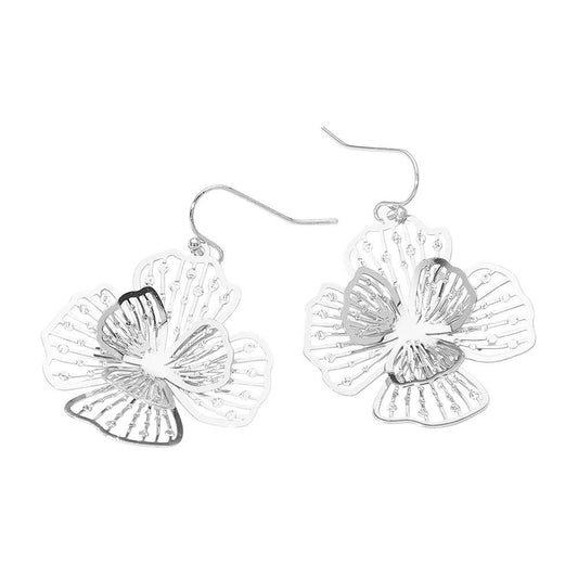Brass Metal Cutout Bloom Petal Dangle Earrings: Rhodium