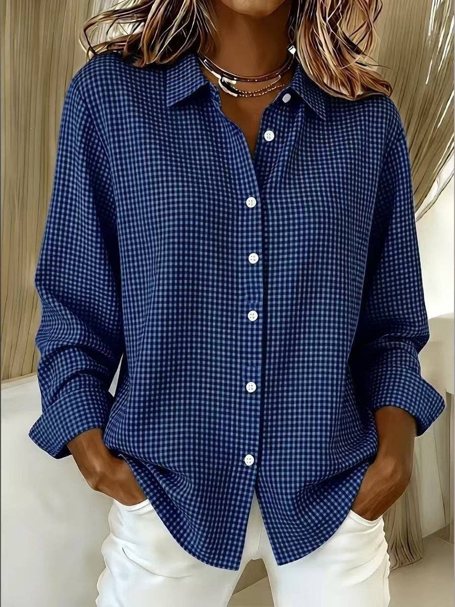 Women's Gingham Long Sleeve Button Down Shirt: Red / 100%Polyester / S