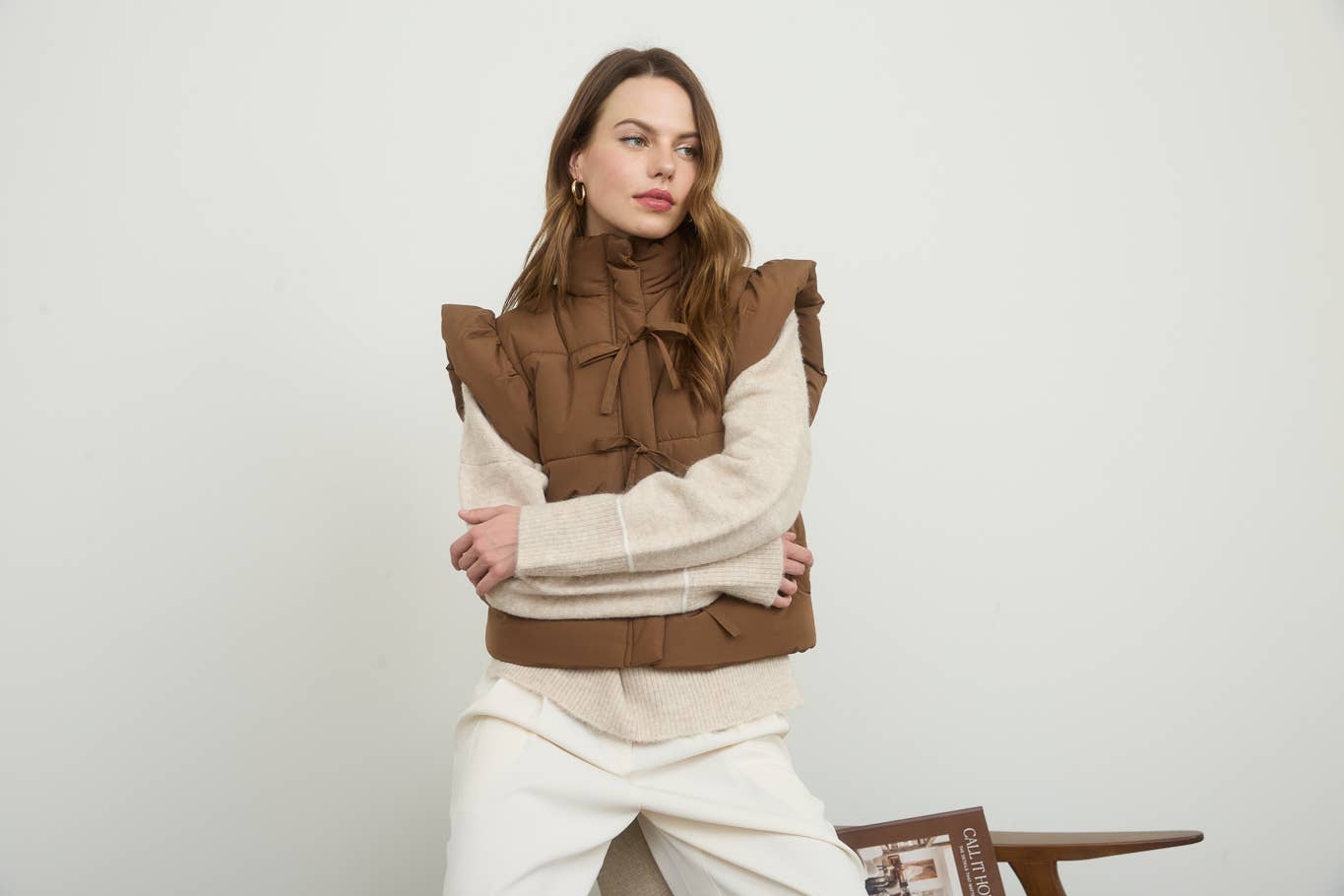 Brown Flutter Sleeve Bow Detail Puffer Vest F