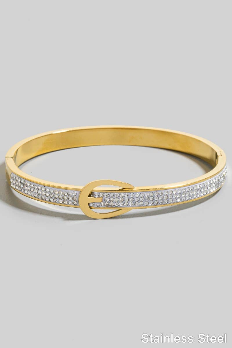 Gold Stainless Steel Pave Belt Style Hinge Bangle Bracelet