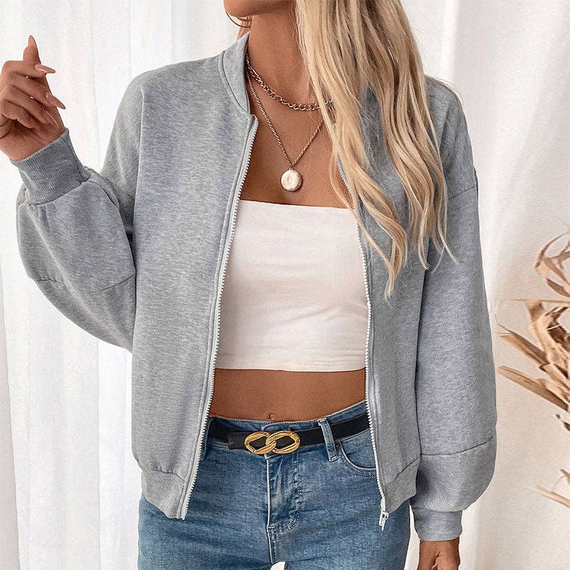 Light Gray Short Cardigan Zipper Sweater Jacket