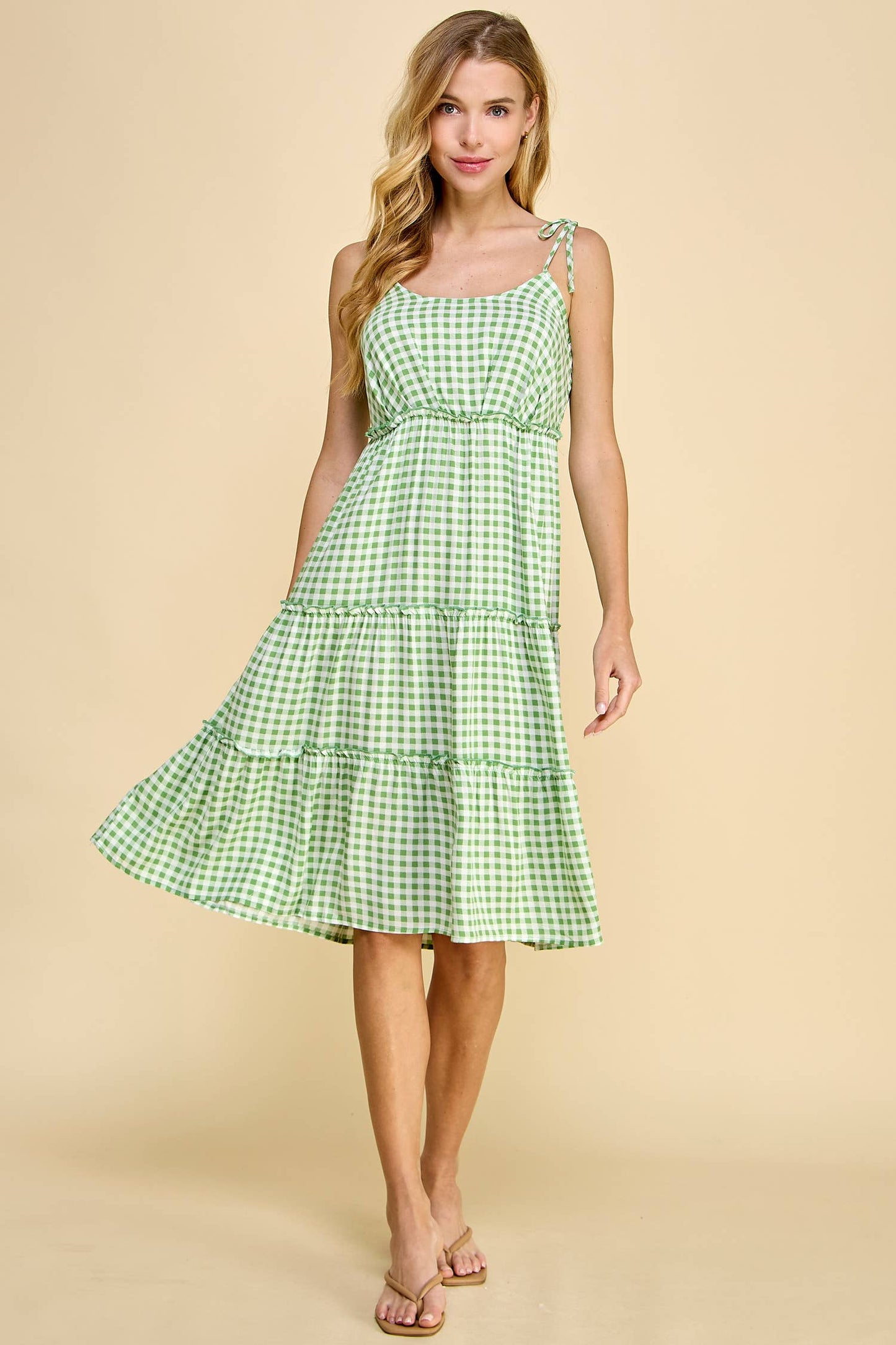 Green Gingham Tie Shoulder Midi Tiered Dress