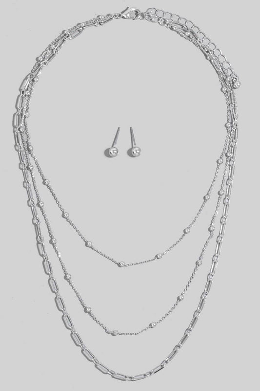 Silver Mixed Layered Chains Necklace Set