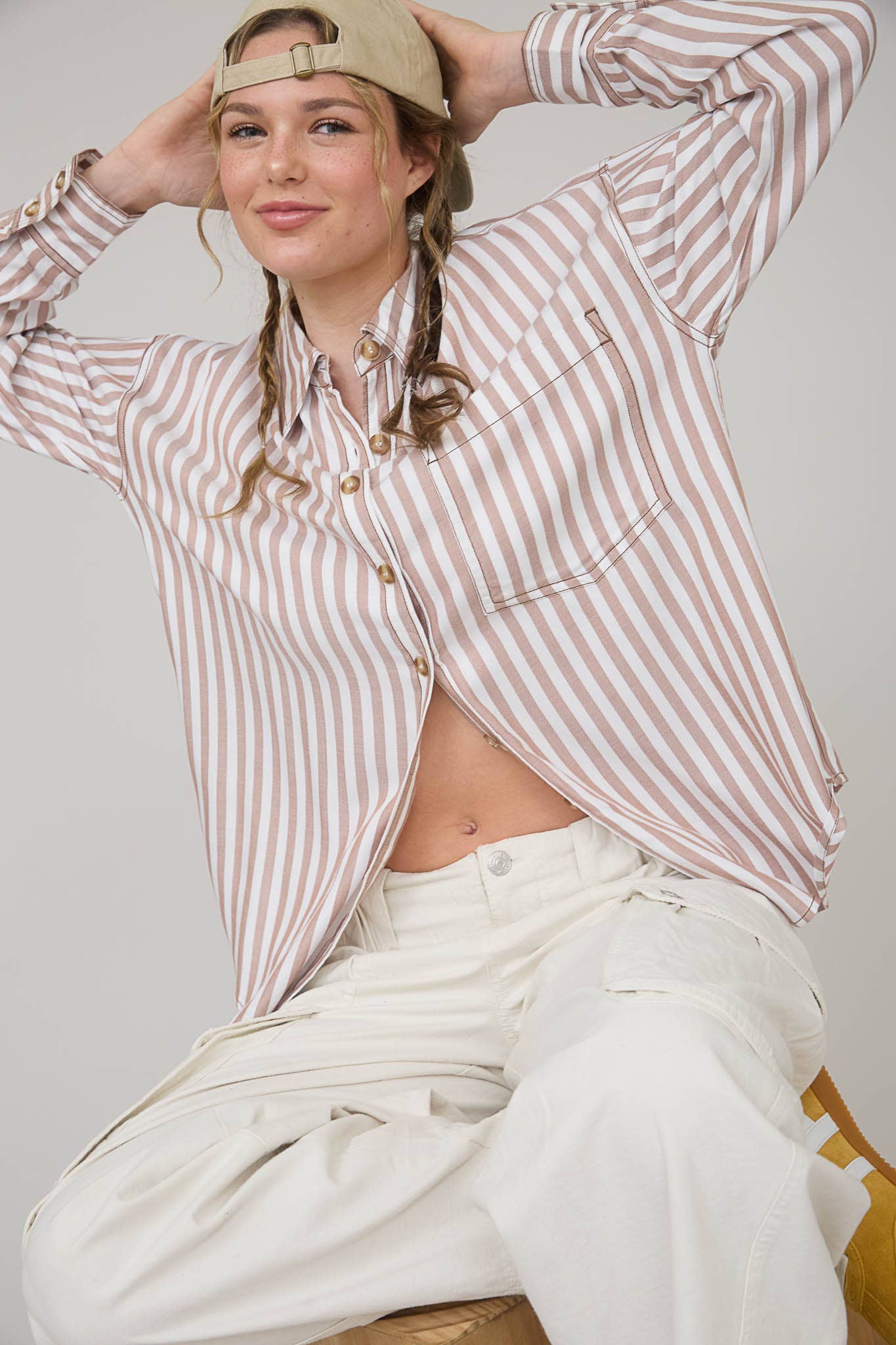 Brown Stripe Collared Button Down Shirt