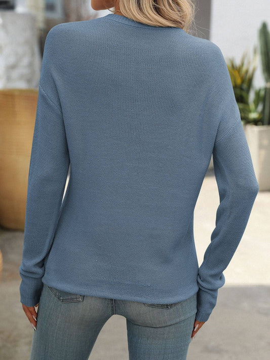 Gray Blue Long Sleeve Knitted Thick Stitch Casual Sweater