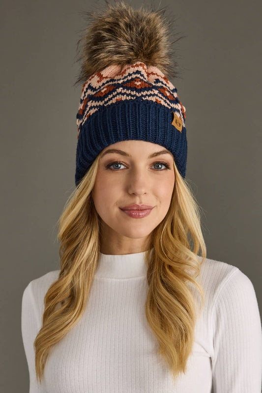 Navy, Rust & Pink Patterned Pom Hat