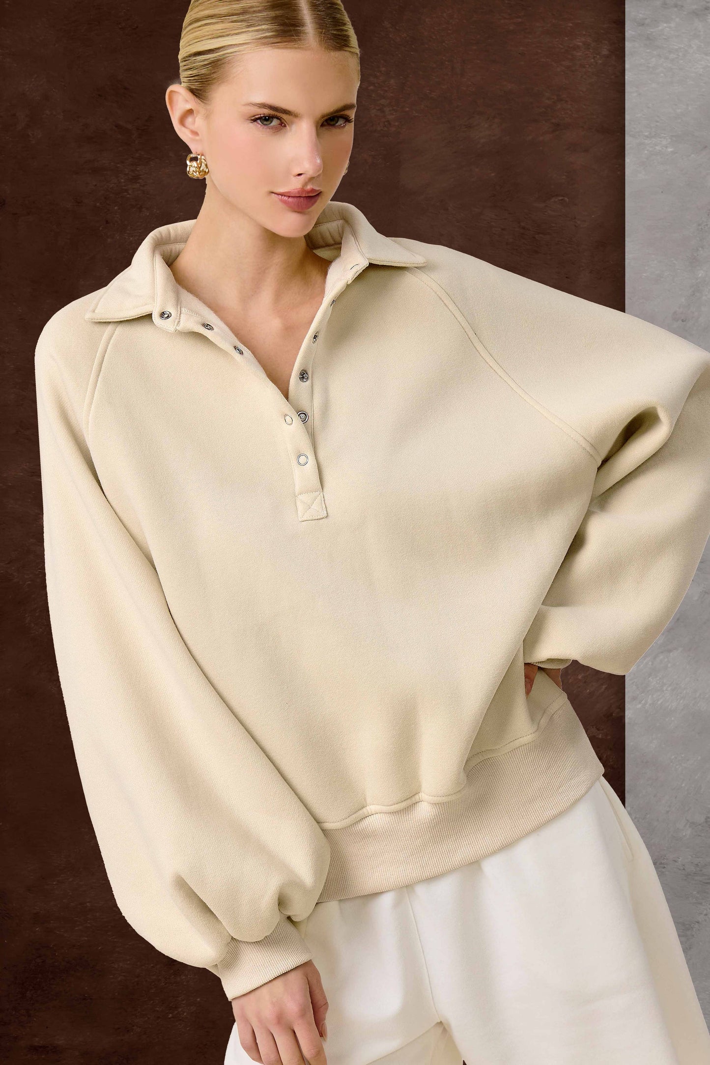 Fire Red Oversized Snap-Button Collared Mock Neck Sweatshirt