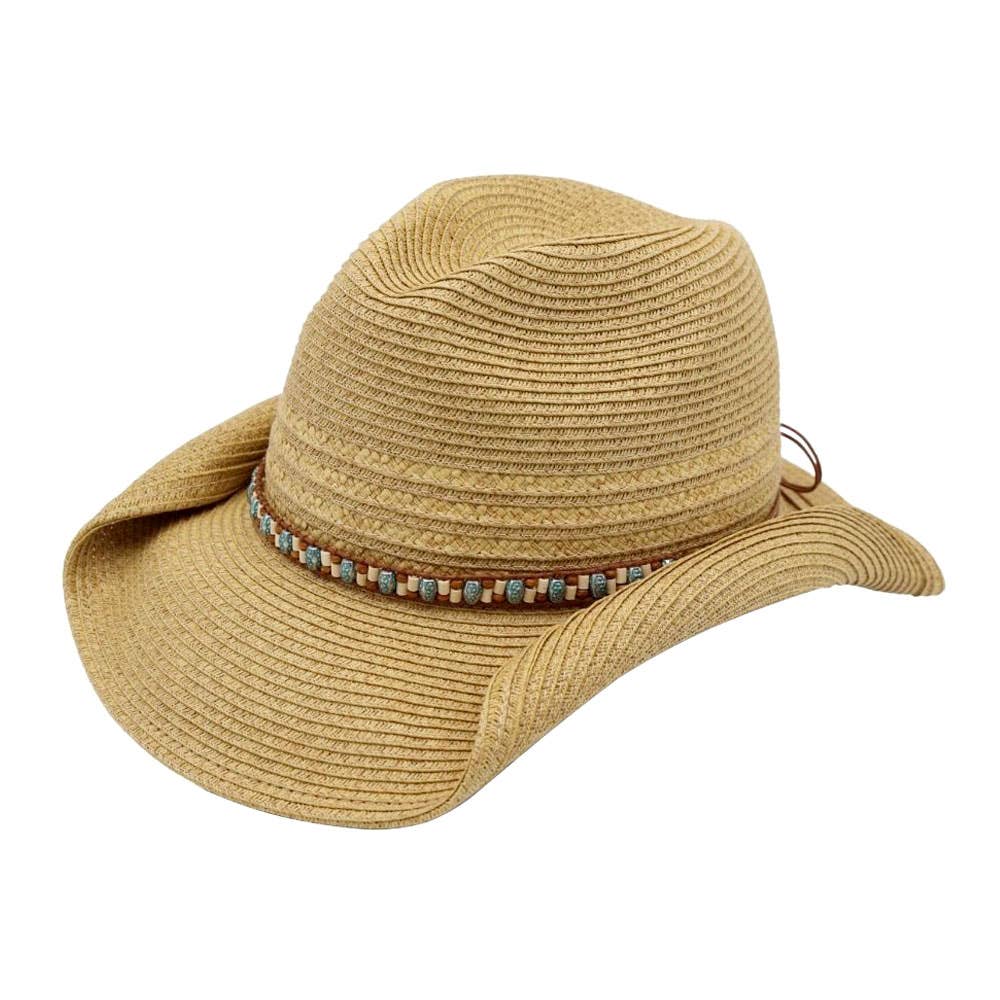 Multicolor Beaded Band Summer Straw Cowboy Hat: Ivory