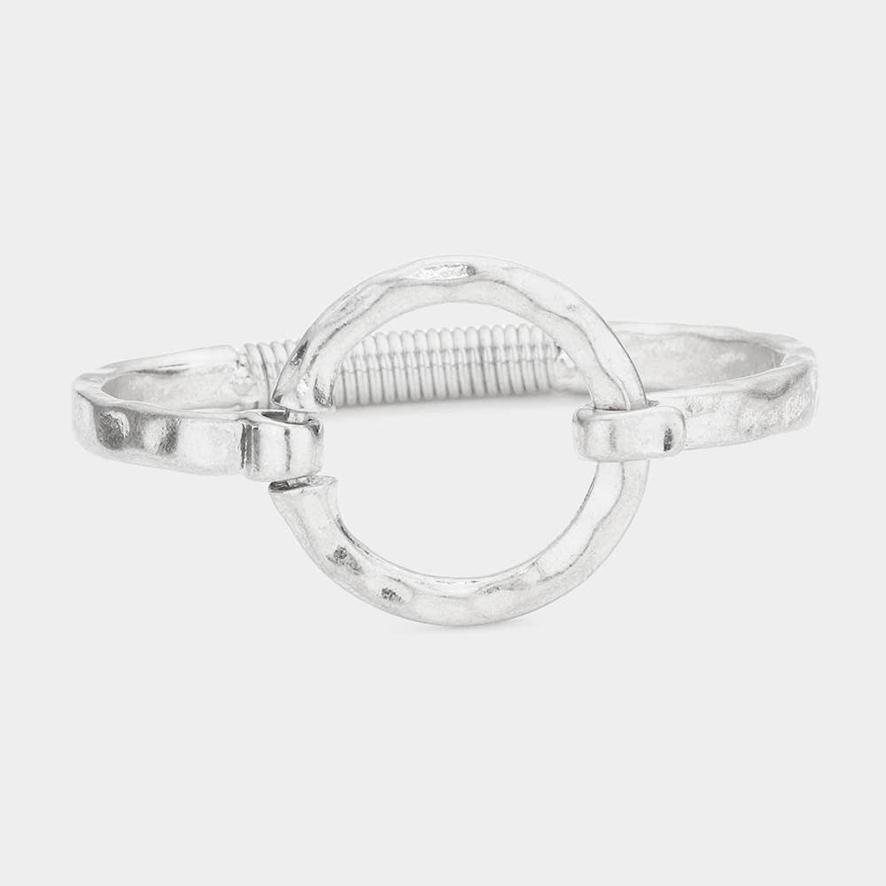 Hammered Open Metal Circle Hook Bracelet: WORN SILVER