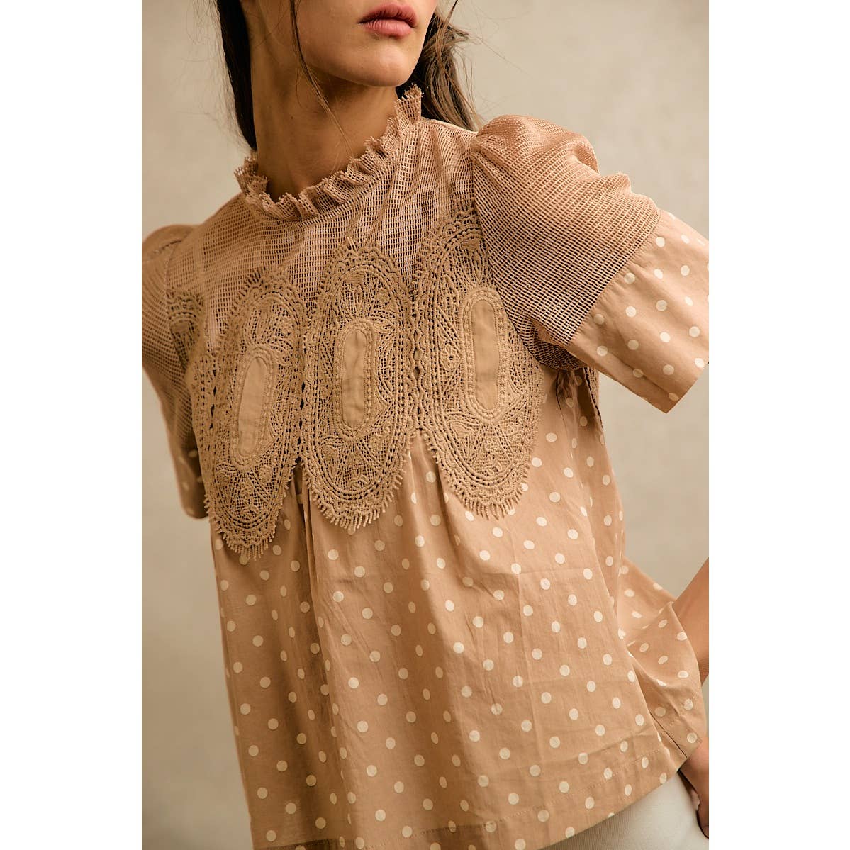 Beige Polka Dot Lace Trim Cotton Blouse