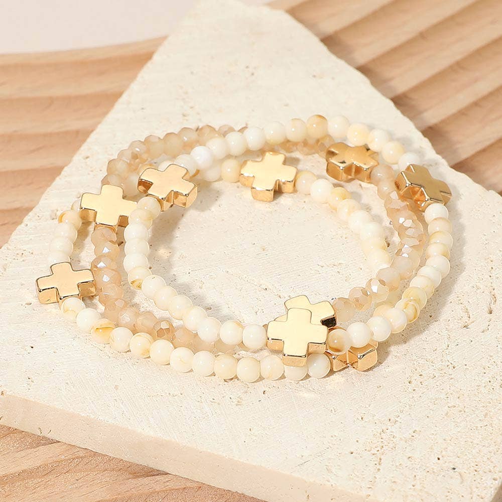 3PCS - Cross Charm Beaded Stretch Multi Layered Bracelets: Gold,Mint