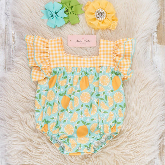 Sunny Lemon Plaid Ruffle Bubble Romper
