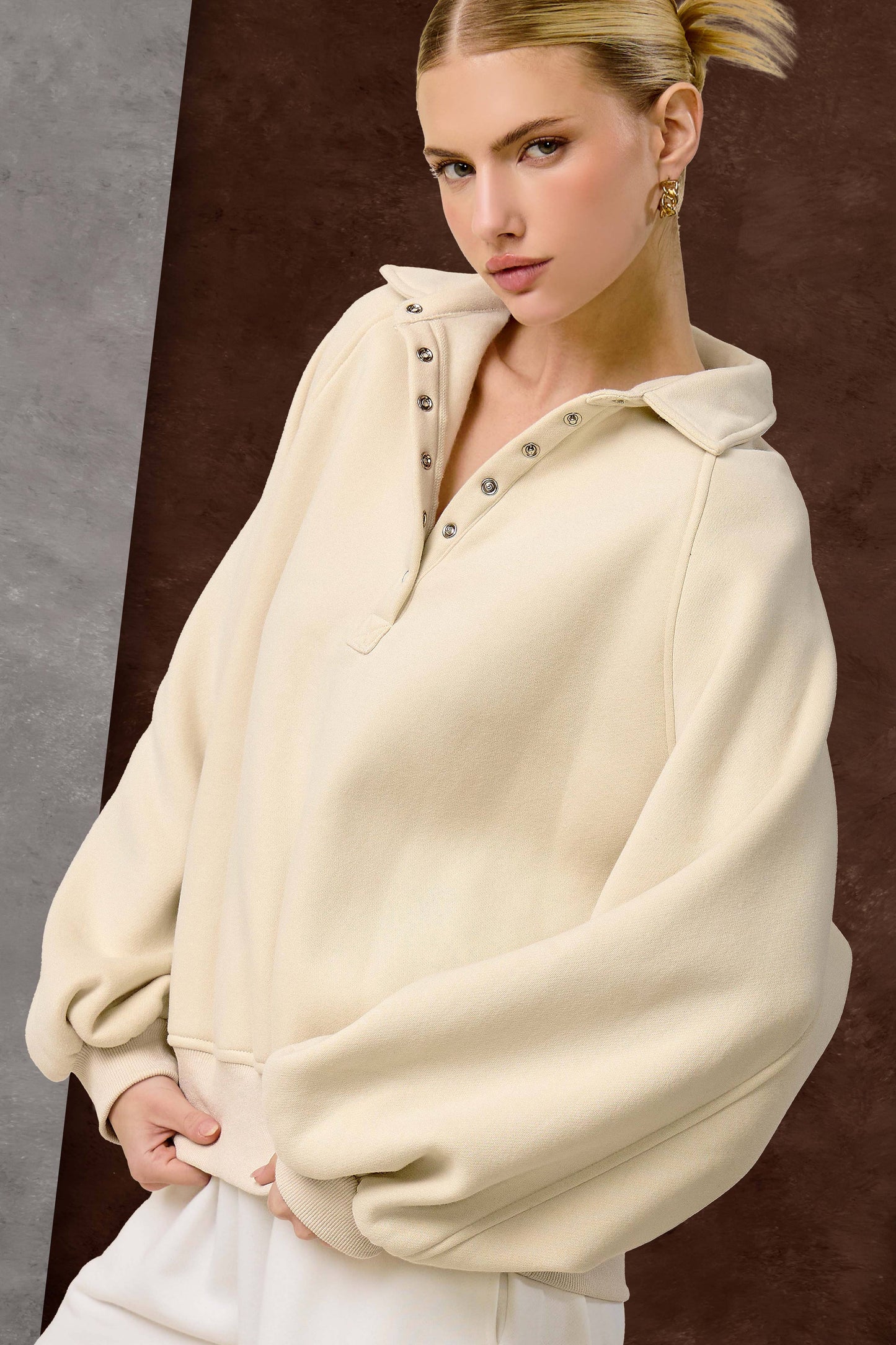 Fire Red Oversized Snap-Button Collared Mock Neck Sweatshirt