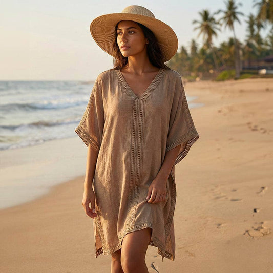 Taupe V Neck Beach Cover Up Tunic Dress