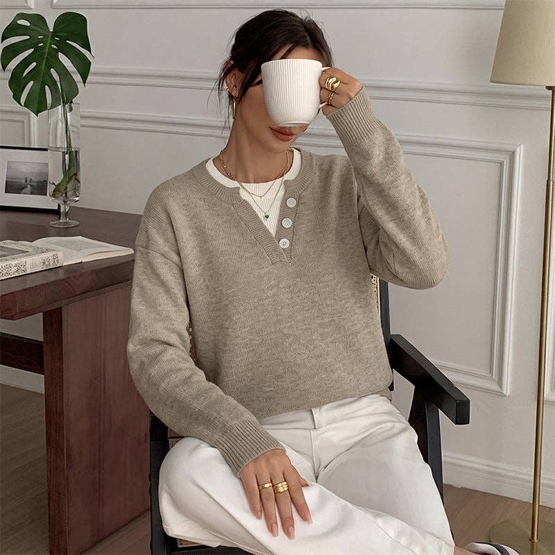 Colorblock Knit Sweater Relaxed Fit Long Sleeve Pullover: Khaki / 35% Polyamide+65% Acrylic / S